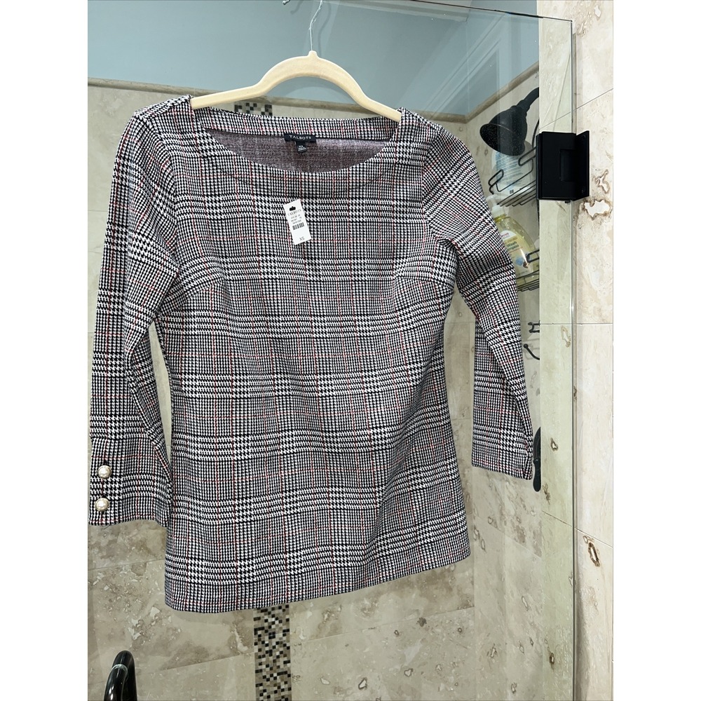 Talbots Glen Plaid Sweater Blouse Red Black White XS NWT Career Top